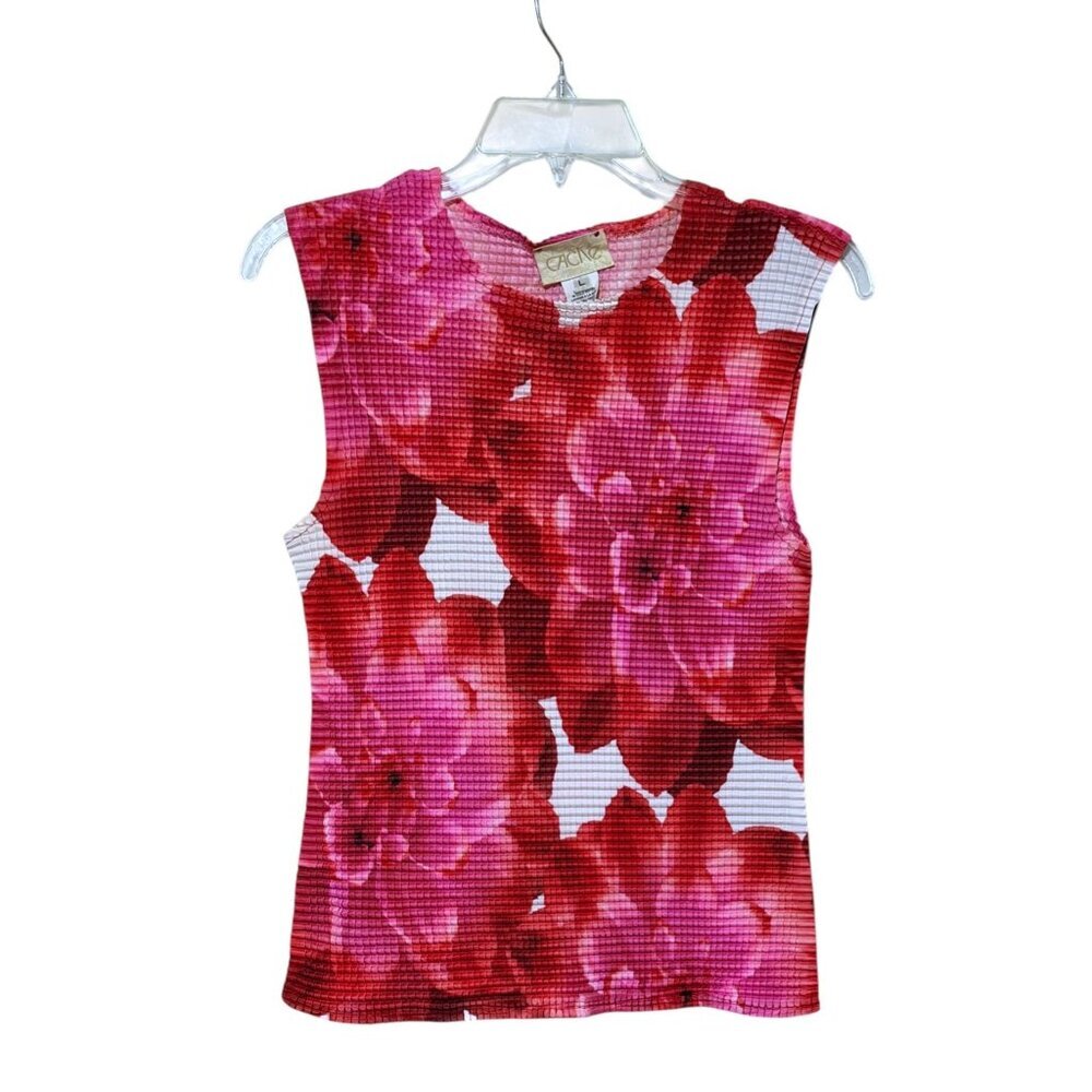 Vintage Y2K Cache Gold Label Tank Top L Photorealistic Floral Popcorn Plisse